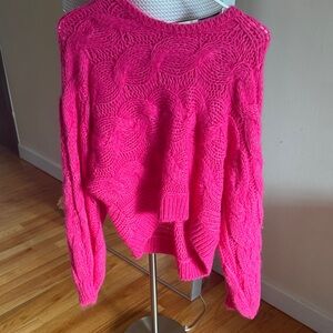 FARM Rio Hot Pink Cable Knit Scoop Neck Sweater